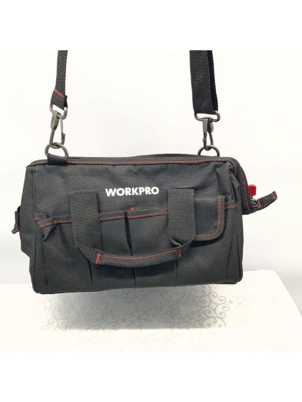 Workpro Black Tool Bag With Adjustable Shoulder Strap Multiple Pockets And Red S